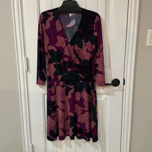 CAbi faux wrap drop waist dress. Vibrant navy blue and purple. Size XL